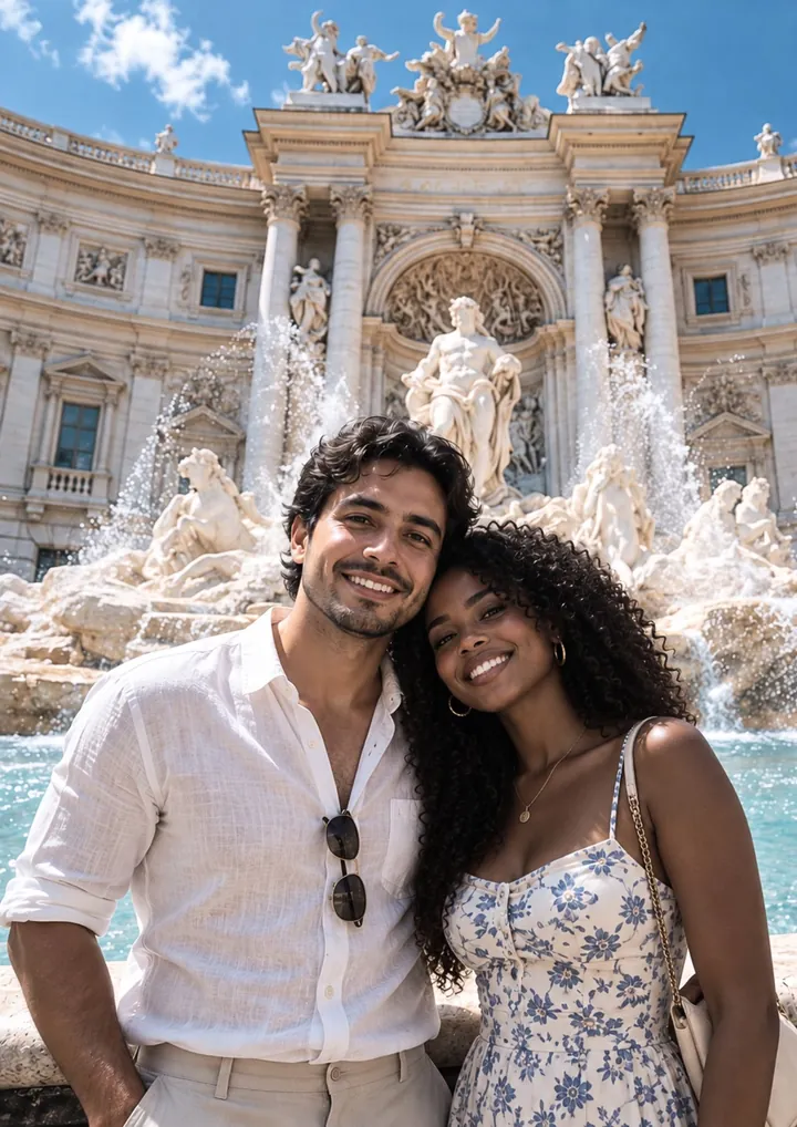Una pareja sonríe frente a la Fontana di Trevi, en Roma